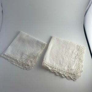 Vintage white linen hankies embroidered flower lace set of 2